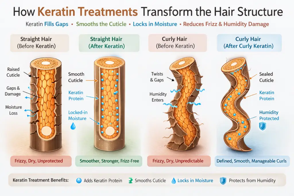 Diagram showing hair structure before and after keratin treatment