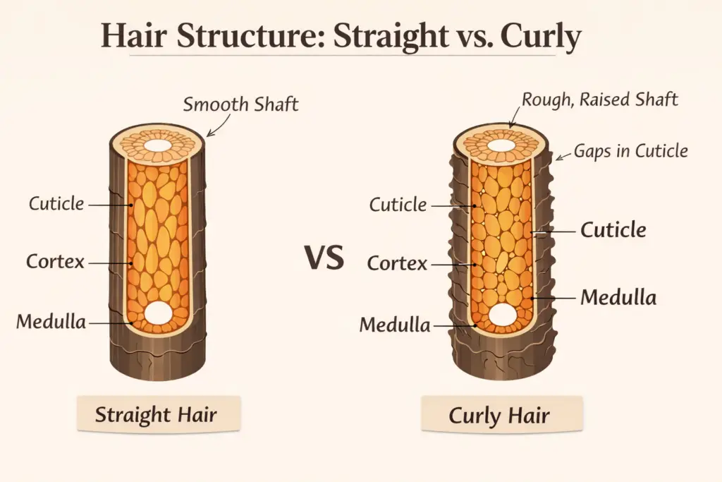 Labeled diagram showing the structure of staight hair vs curly hair